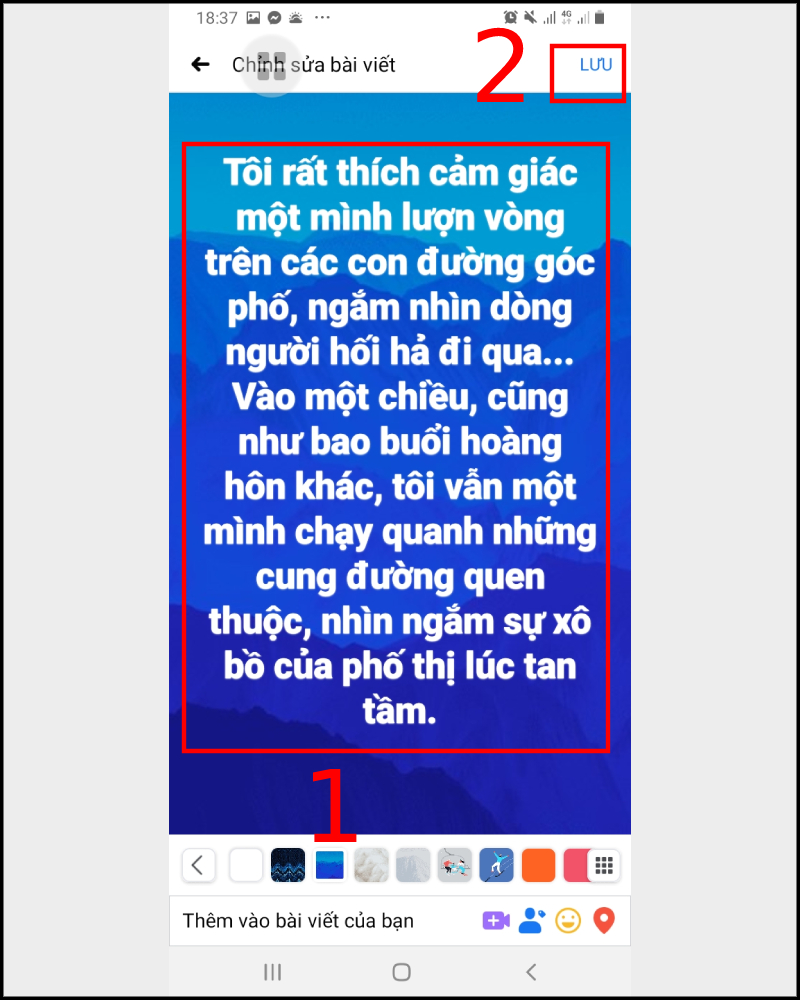 hướng dẫn c&aacute;ch viết status d&agrave;i tr&ecirc;n nền m&agrave;u Facebook đơn giản